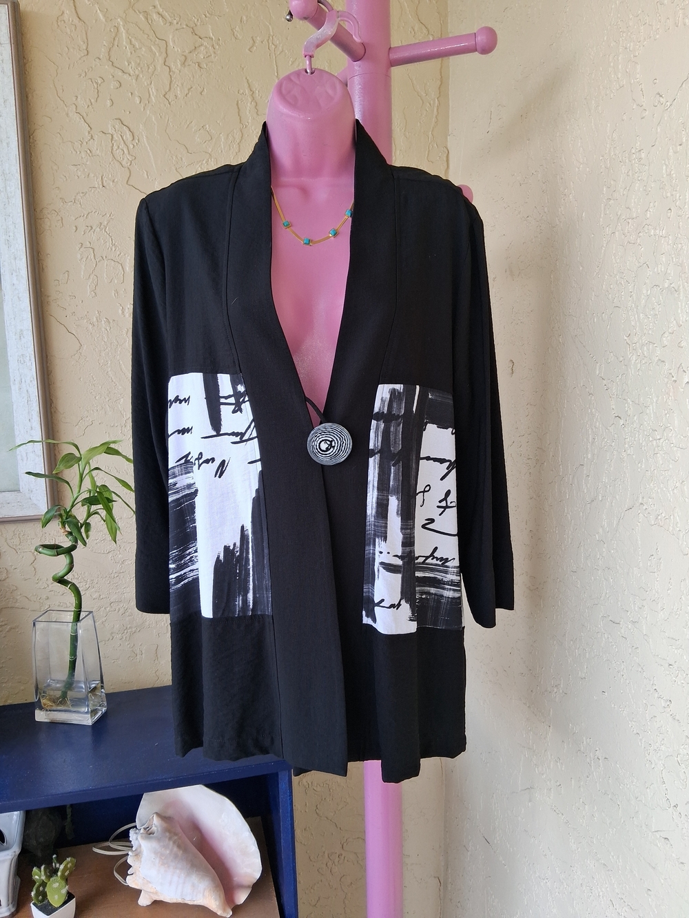 Black and White Open Front Women's Light Jacket/Cover
